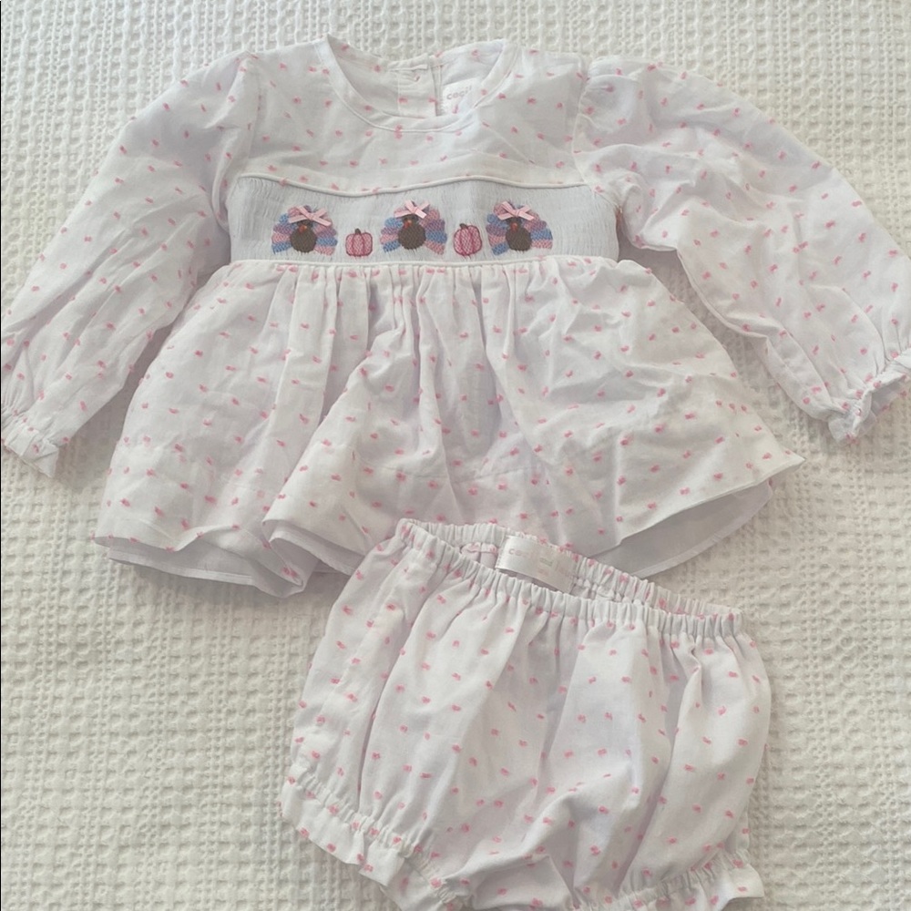 Cecil and Lou Girls White and Pink Smocked Turkey Set 18M